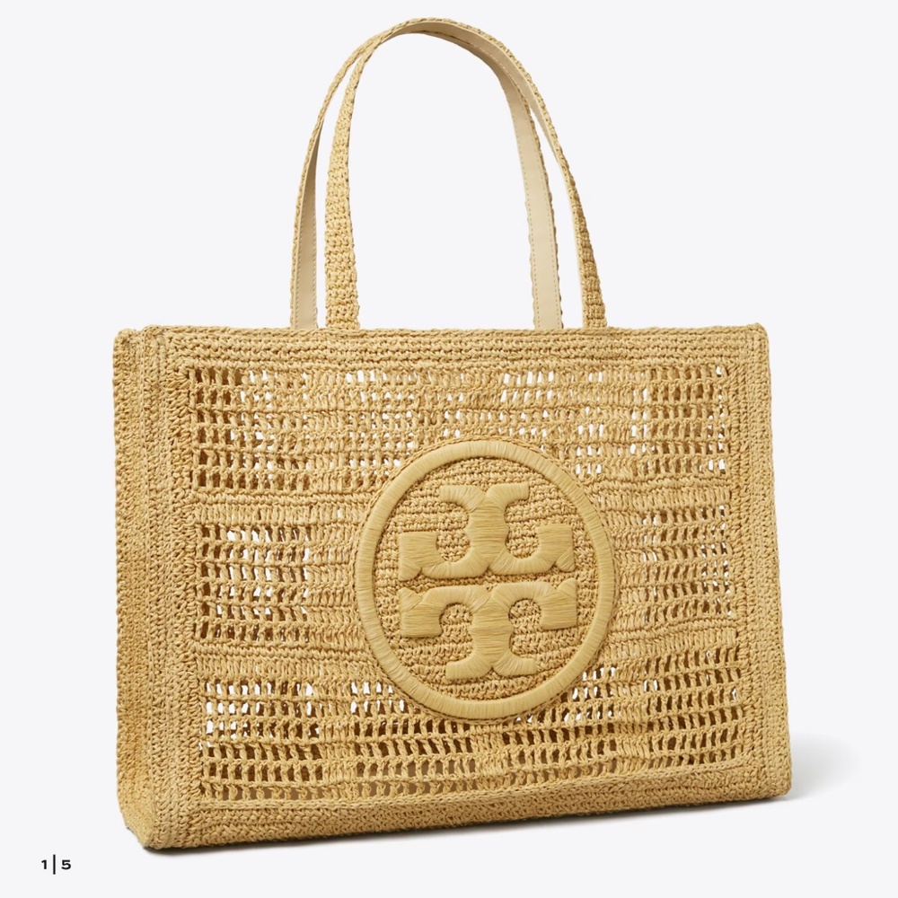 Authentic Tory Burch Womens Ella Large Natural Raffia Crochet Tote Bag
